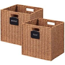2 Pack Wicker Basket 12×12 Storage Cubes with Label Foldable Bin Handle Square