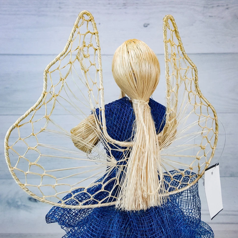 Handmade 12" Angel Tree Topper Blue Burlap Mesh Straw Wings Fairtrade Philip NEW - Image 4 of 4