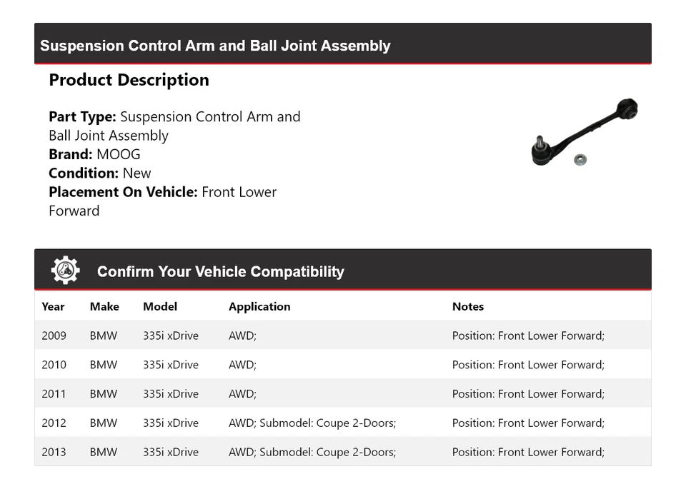 Brazo de control delantero inferior delantero MOOG 2009 2010 para BMW 335i xDrive AWD 2009-2013 Foto 2 de 3