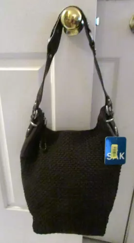 The SAK Crochet Bucket Bag Dark Brown Zip Closure Vegan Leather Trim NEW (other)