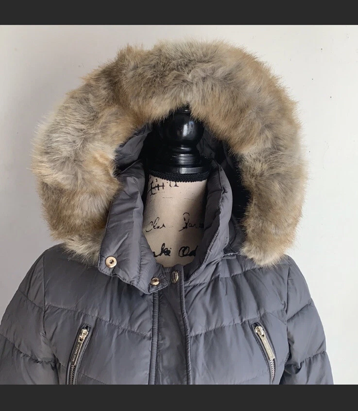 MICHAEL Michael Kors 法兰绒灰色人造毛皮连帽羽绒外套 XS 码全新带标签 — 第 4/4 张图片