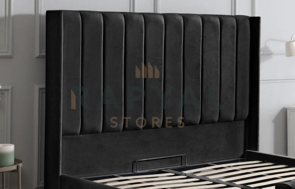 OTTOMAN STORAGE BED PANEL PLUSH VELVET UPHOLSTERED BED FRAME- WINGED HEADBOARD - Image 4 of 4