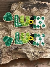 BEADED GREEN FOUR LEAF CLOVER LUCK OF IRISH ST PATRICKS DAY EARRINGS SALE