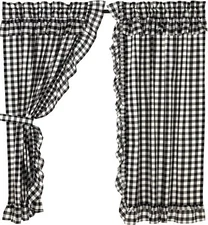63"L Black & White Buffalo Check Ruffled Farmhouse Curtains with Tie Backs Annie