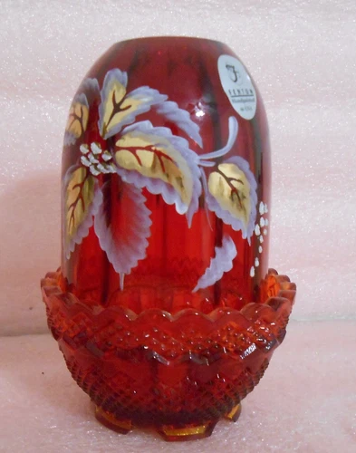 FENTON CRANBERRY RED GLASS CANDLE FAIRY LAMP VOTIVE *HAND PAINTED FLOWERS!SIGNED