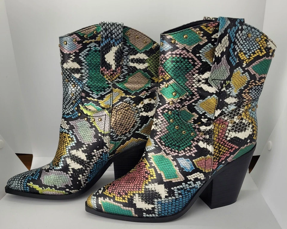 Botas femininas de couro bambu cowgirl tamanho 8 padrão pele de cobra - Imagem 3 de 4