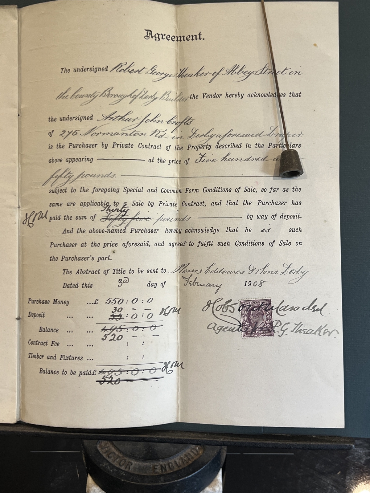 1908 Particulars of Sale Private Contract Empress Road Derby Edward VII Stamp eBay