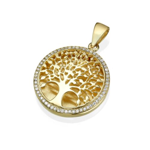 Tree of Life Gold Pendant with Diamond in 14K Yellow Gold Classic Jewish Jewelry - Picture 1 of 11