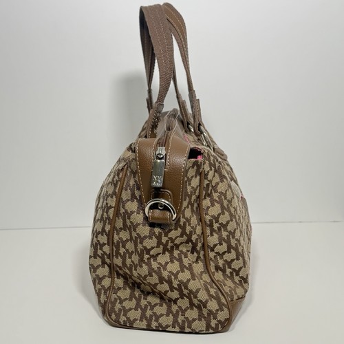 New York And Company Brown Pink Monogram Print Canvas Top Zip Travel Purse Y2K - Picture 3 of 9