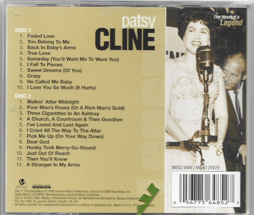 Patsy Cline The Heart Of A Legend 2-CD Best Of Hits 22 Country Classic Song RARE - Picture 5 of 5