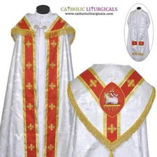 Silver Cope and Stole Set with Agnus Dei embroidery capa pluvial far fronte
