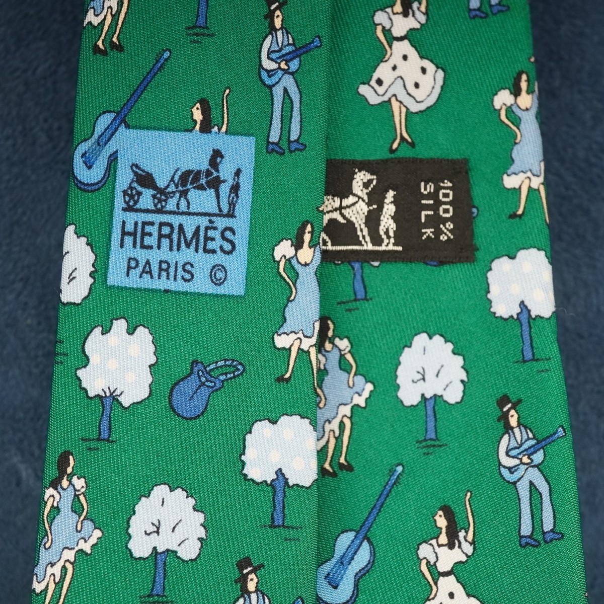 Hermes Emerald Green Silk Printed Flamenco Dance Tie 7588 SA- Free