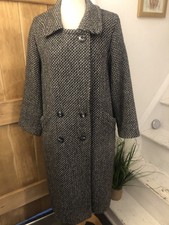 Herringbone Tweed Midi Coat Black White Wool Vintage 70s St Michael Sz 12/14