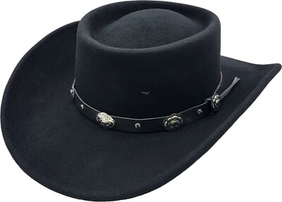 100 % Wollfilz Spielerhut schwarz breite Krempe Fedora Western-Stil verstellbares Band