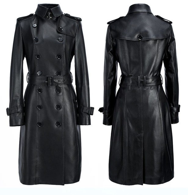 Leather Trench Coat Women genuine lambskin Winter Coat Sizes S,M,L,XL