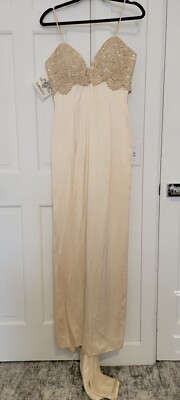 NWT Baracci Couture Champage Gold Silk Lace Gown Long Dress Wedding