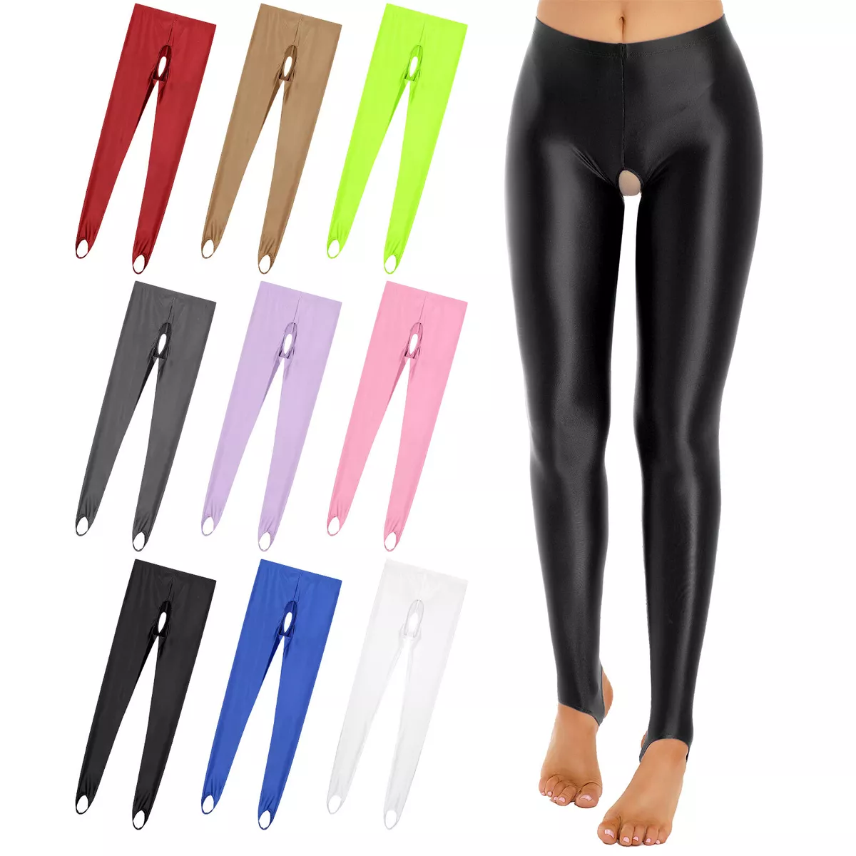 Women Shiny Oil Glossy Open Crotch Pantyhose Tights Yoga Pants Workout Trousers
