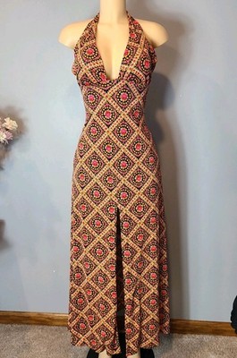 Ulla Darni Of Denmark 1970s Designer Plunge Halter Maxi Dress Dreamy Floral Boho