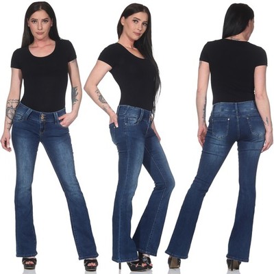 Schlaghose Damen Hüftjeans Low Waist Stretch Bootcut Jeans Blau Flared Trend