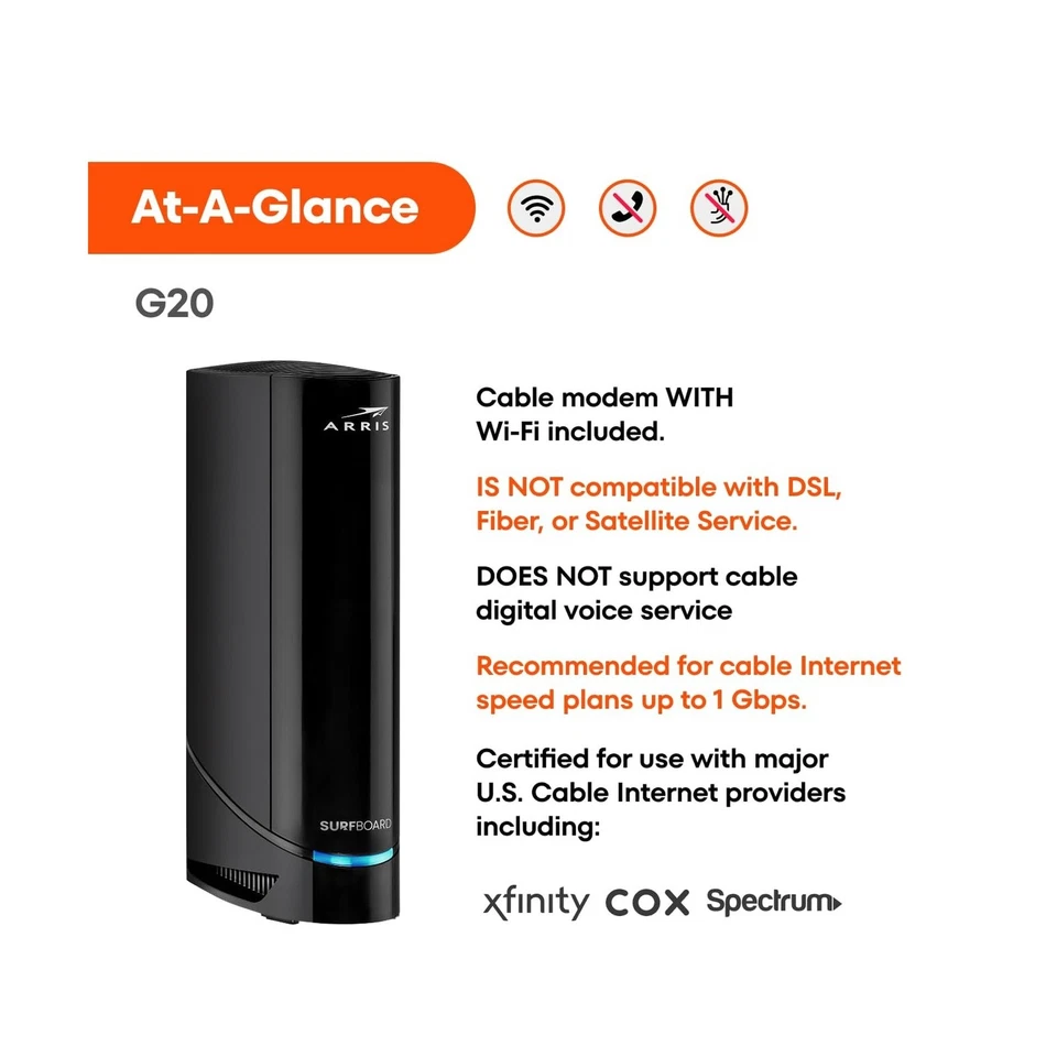 ARRIS SURFboard G20 DOCSIS 3.1 Wi-Fi 6 Cable Modem - 1.0 Gbps - Image 2 of 4