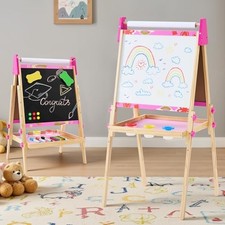 Children's Easel, Paper Rolls, Height-adjustable Wooden Double-sided Magnetic Bl
