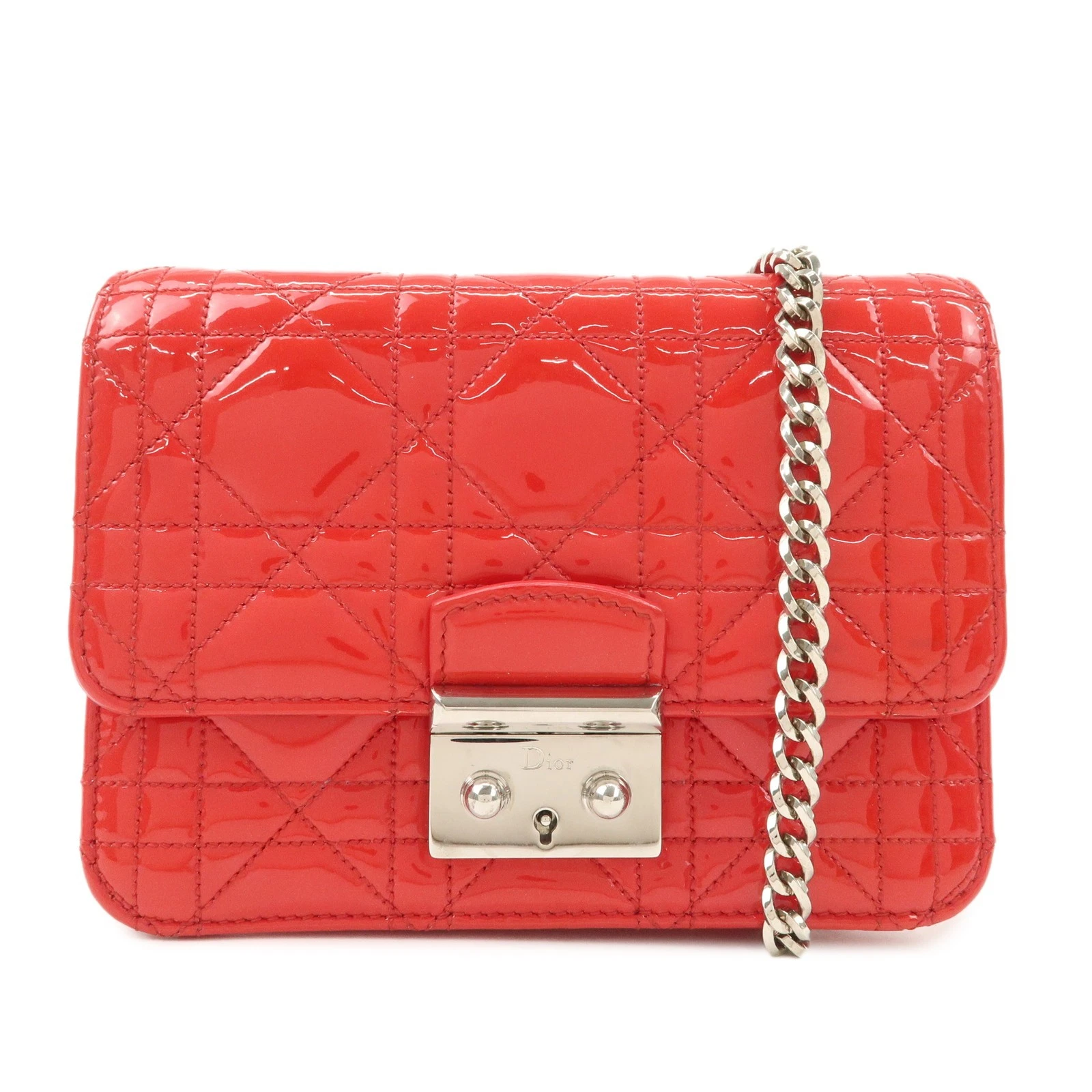 Authentique sac bandoulière Christian Dior Canage cuir verni chaîne vache rouge occasion F/S