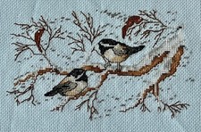 Finished Completed Winter Birds on Branch Cross Stitch Piece -Stitched 1 Over 1