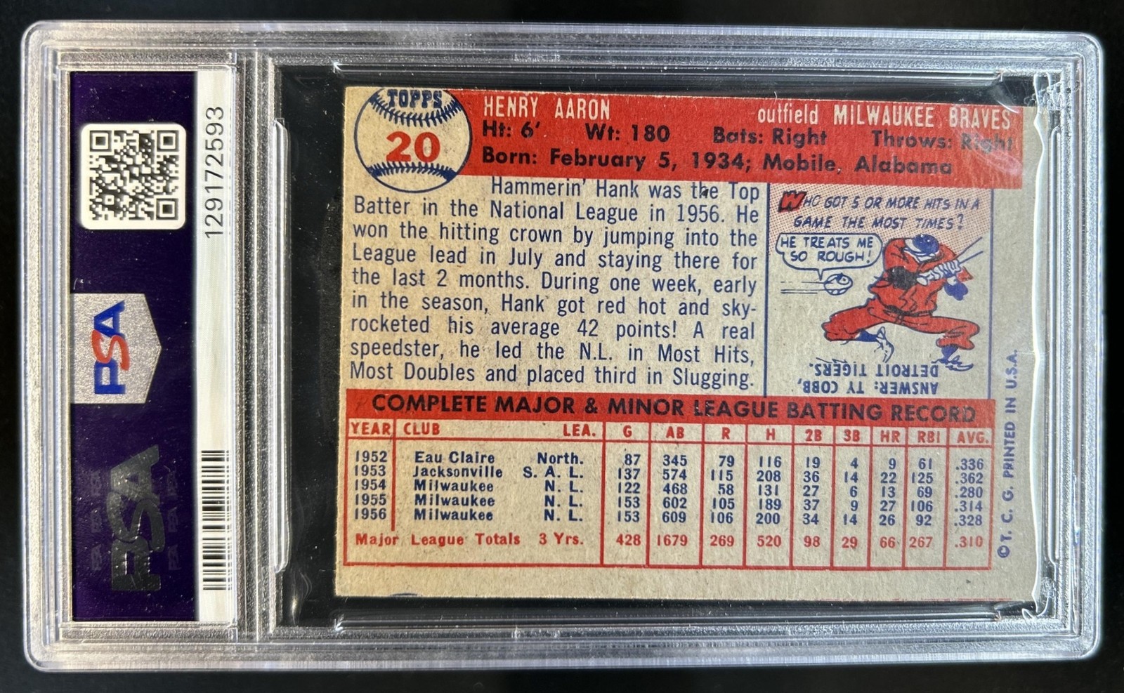 1957 Topps Hank Aaron #20 PSA 2 MC view 2