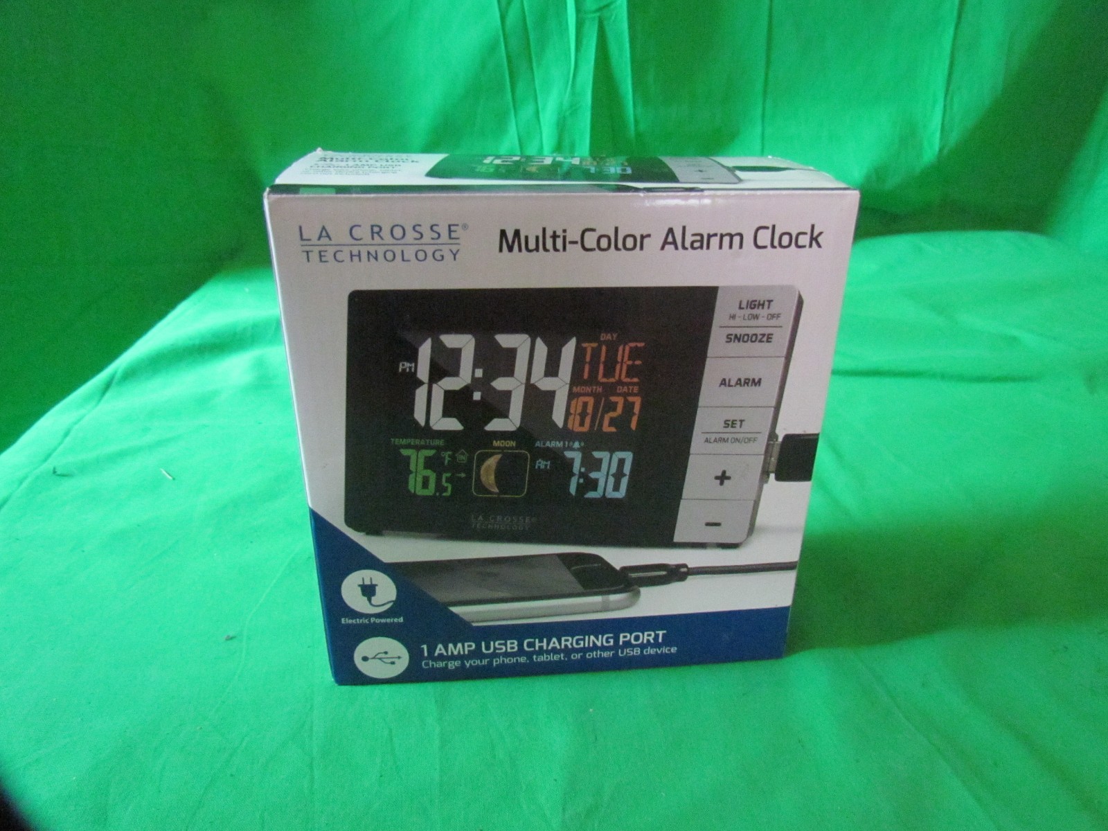 La Crosse Model W88723 Digital Multi-Color Alarm Clock Moon Phase & Temp New