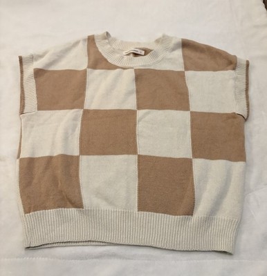Moon & Madison Beige & Taupe Checkered Knit Crewneck Crop Sweater L Modern Chic