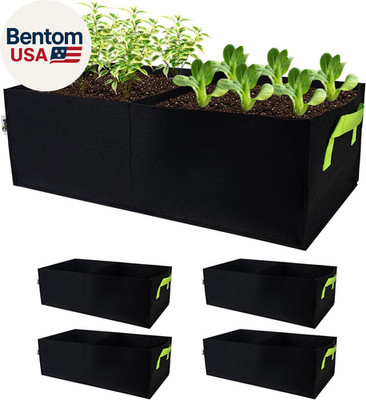 Plant Grow Bags, 5 Pack Fabric Raised Planting Bads, 2 Holes Rectangle Grow Bag,