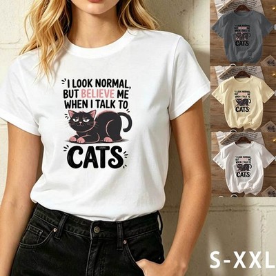 Cute Grumpy Black Cat T-Shirt ''I Look Normal But I Talk to Cats'' Perfect Gift