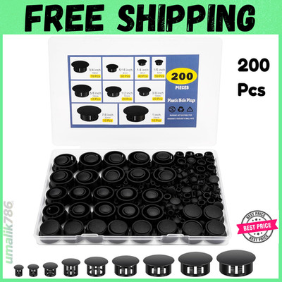 200Pcs 9 Sizes Nylon Plastic Hole Plugs Black Round Hole, Flush Type Panel