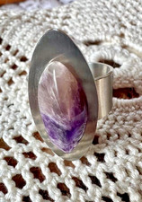 Bague marquise pierre naturelle Améthyste acier inoxydable T51 ajustable ancien