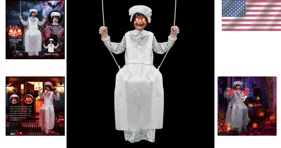 Halloween Schaukel Mädchen Animatronics, gruseliger rotierender Kopf Requisite - Bild 2 von 4