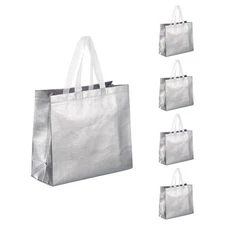 12pcs Reusable Gift Bags, Silver Tote Glossy Grocery Shopping Bag for Birthday