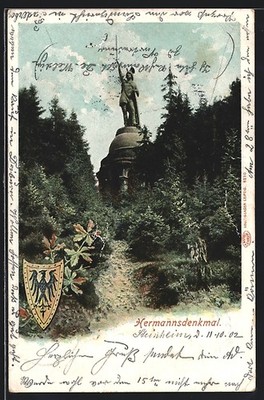 AK Teutoburger Wald, Hermanns-Denkmal mit umgebenden Bäumen, Wappen 1902 