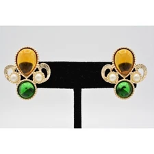 Emmons Vintage Cabochon Clip On Earrings Green Orange Pearl Gold Signed 80s BinH