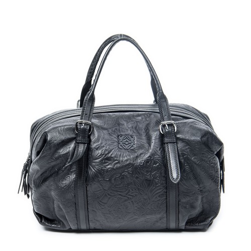 Loewe Black Canela Boston Bag Shoulder Bag Floral Embossed Leather