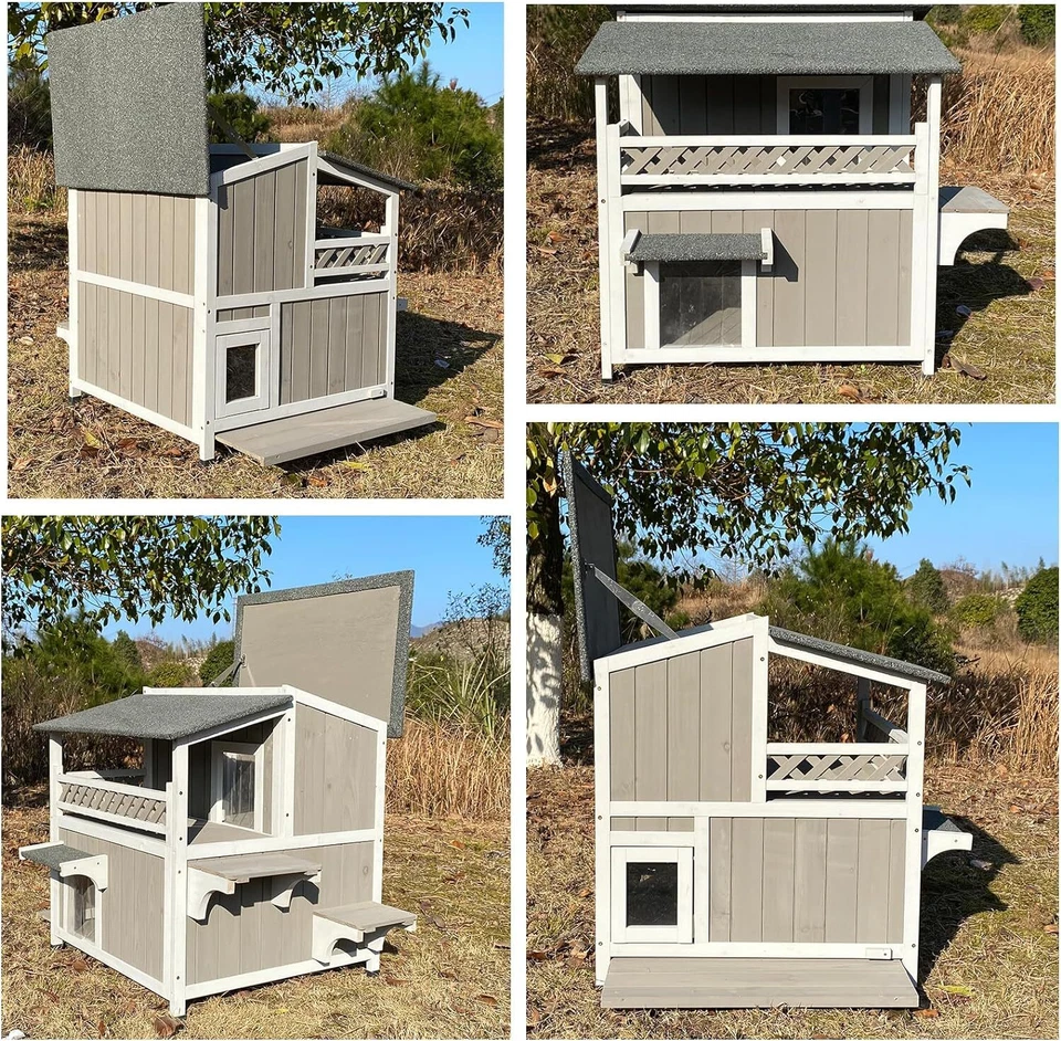 Two Story Cat House Outdoor Wooden Feral Cat Shelter with Balcony & Escape Door - Image 3 of 4