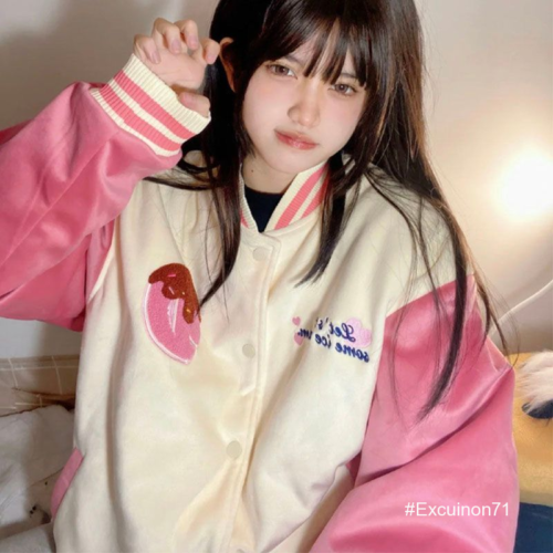 Cute womens KT cat Loose Harajuku Jacket Street pink Baseball Uniform Coat - Picture 5 of 17