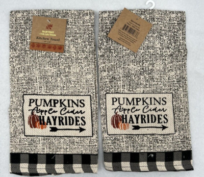 Pumpkins Apples Kitchen Set 2 Dish Towels 100% Cotton Cider Fall Hayride Decor