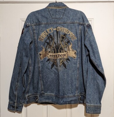 Harley Davidson Large Tall FREEDOM Demin Jacket w/ Patches & Pins!