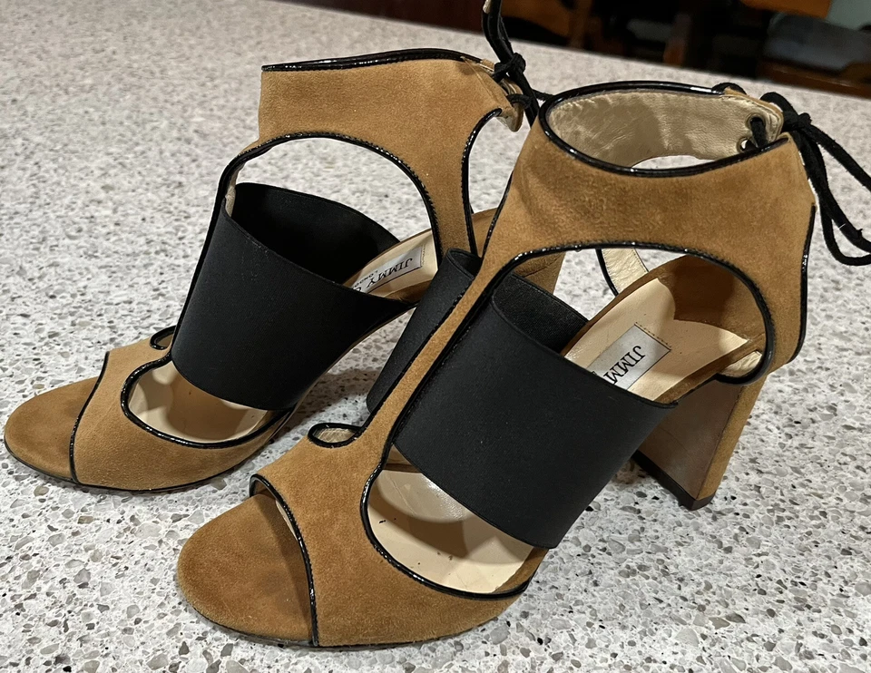 Jimmy Choo (Size 38, 8 US) Moira 85 Tan Suede Heels Laces Open-Toe Sandals Block - Image 4 of 4