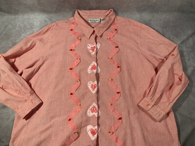 Victoria Jones Button Up Shirt Red Pink Hearts & Flowers - Plus Size Woman 4X