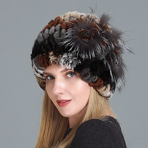 Damen Echt Rex Kaninchenfell Beanie Mütze Winter Warm Mütze mit Fuchs Handarbeit Geflochten - Bild 25 von 52