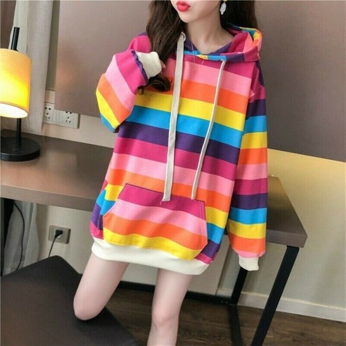 Women Rainbow Striped Hooded Sweatshirt 