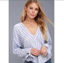 Free People Dolman Striped V Neck Top Shirt Blue Gauze XS Long Sleeve Oversized