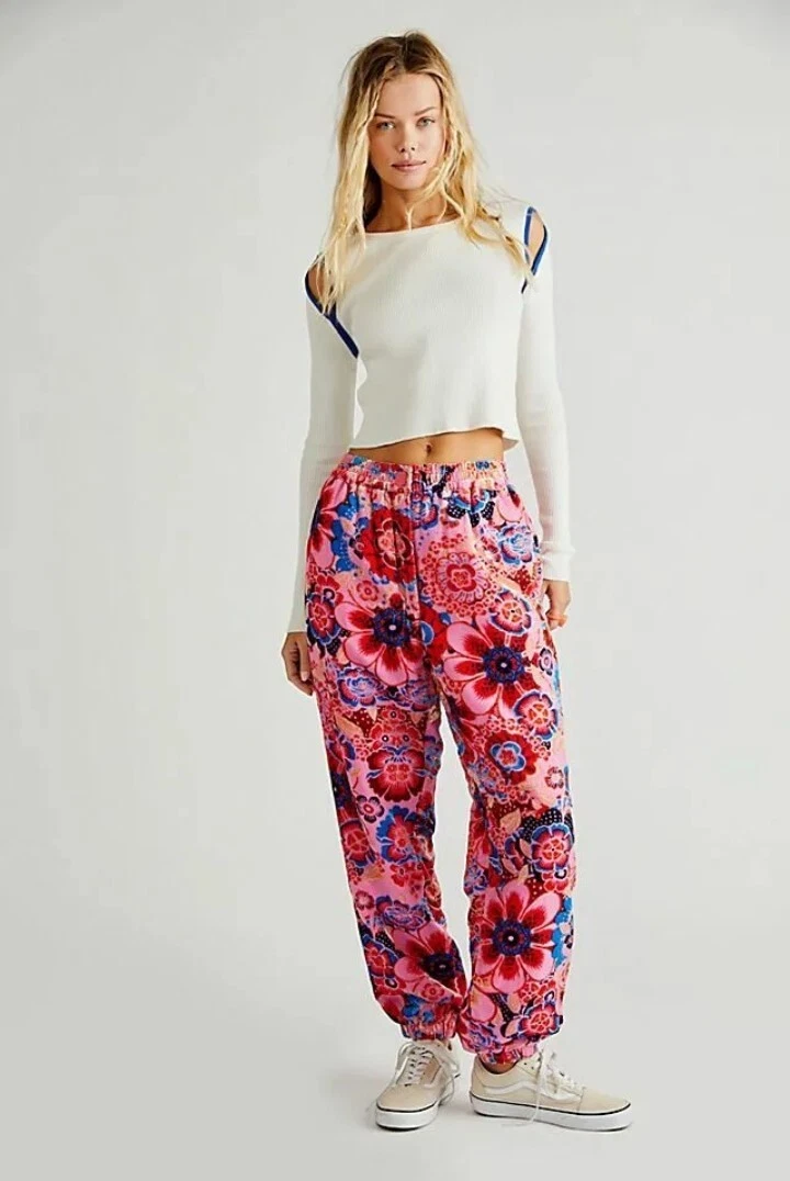 Free People Sun Valley Velvet Pants Floral Embroidery Pink Wine Blue Brown Sz S