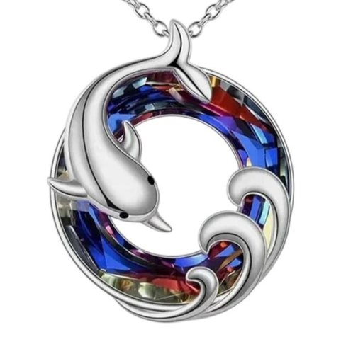Colorful Crystal Round Dolphin Waves Pendant Necklace Jewelry - Picture 2 of 5